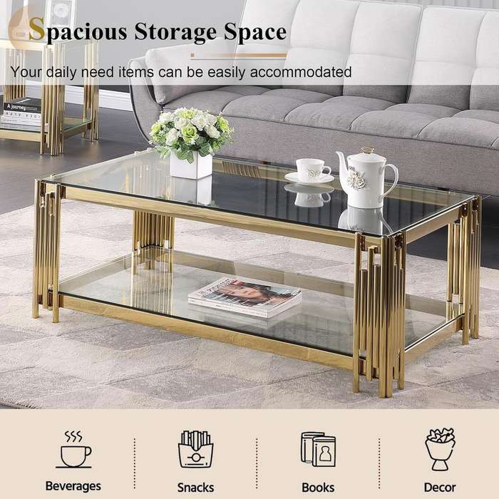 Coffee Tables -Rectangular Tempered Glass Top with Steel Frame  - Gold Colour