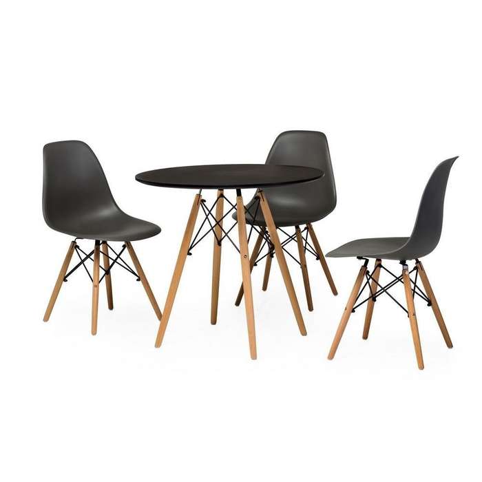 Dining Suites - Rounded Table with Three Wooden Leg Chairs - Black Colour
