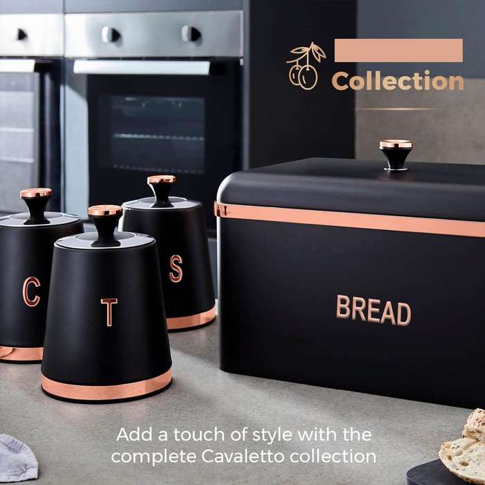 Bread Bin Storage Canisters (with Coffee/Sugar/Tea Canisters with FREE Bread Knife) - Black