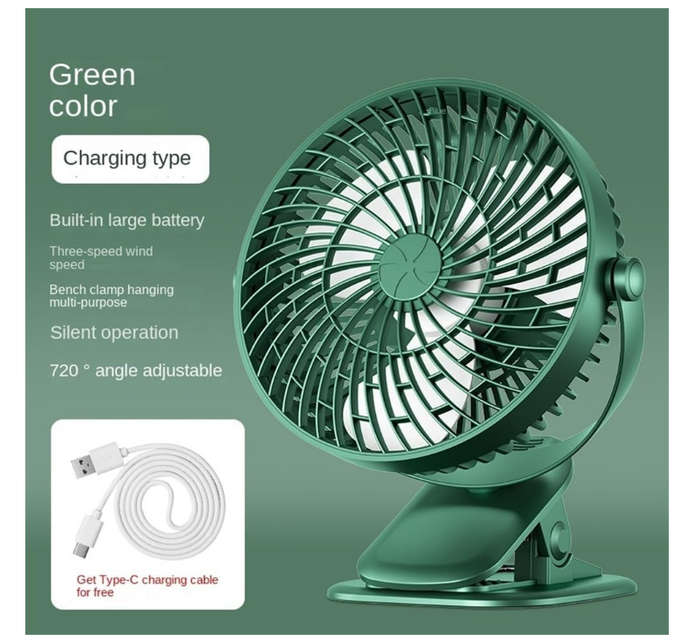 Electric Desktop Clip Fan 1200mAh 3 Gears Portable Quiet Office Camping