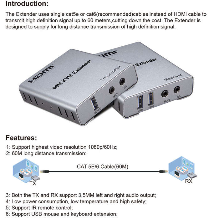Andowl Q-HD1500 60m HDTV 4K KVM Extender with Audio