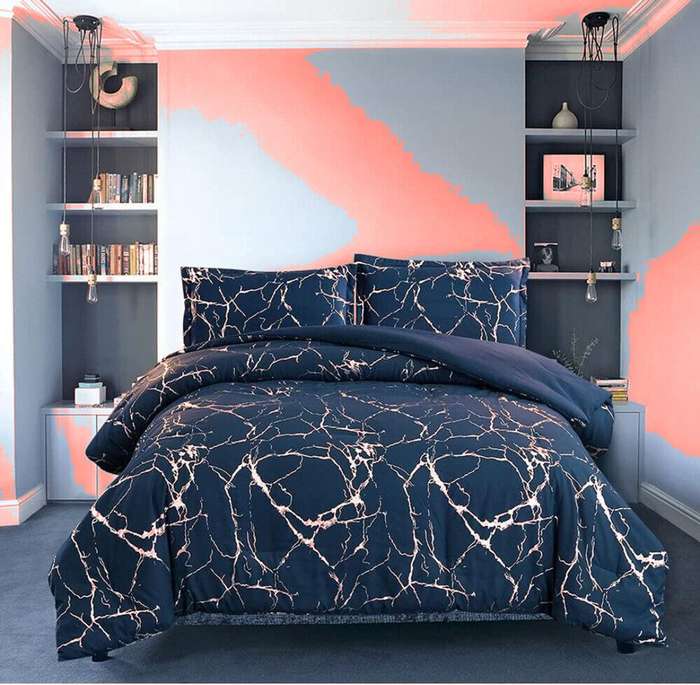 High Quality Metallic Marble Queen Size Comforter Gold Print Glitter - Blue