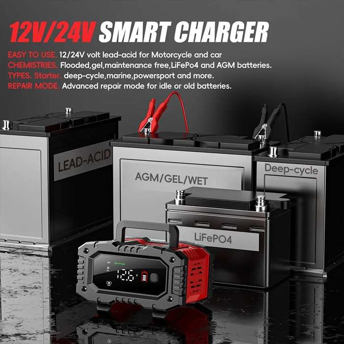 FOXSUR Battery Charger 12V-20A 24V-10A + 12V Battery Tester