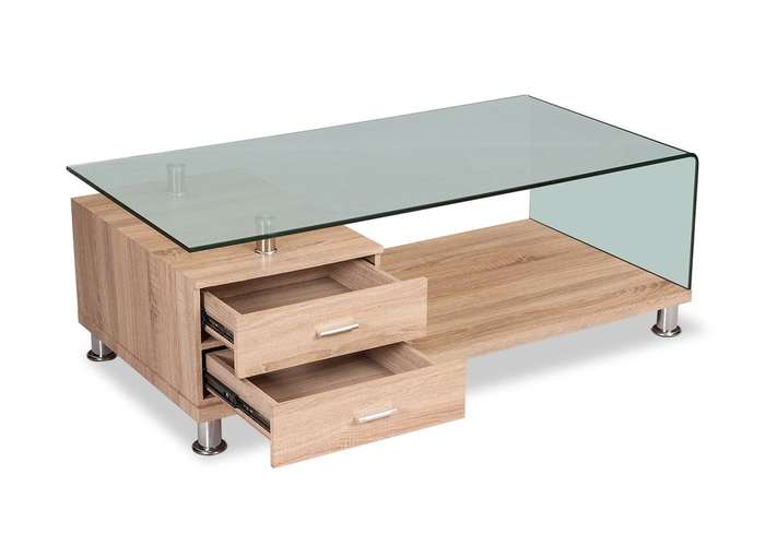 Coffee Tables with Drawers - Tempered Glass - Oak Wooden Colour