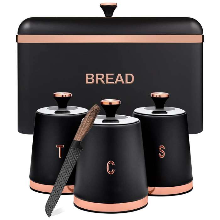Bread Bin Storage Canisters (with Coffee/Sugar/Tea Canisters with FREE Bread Knife) - Black