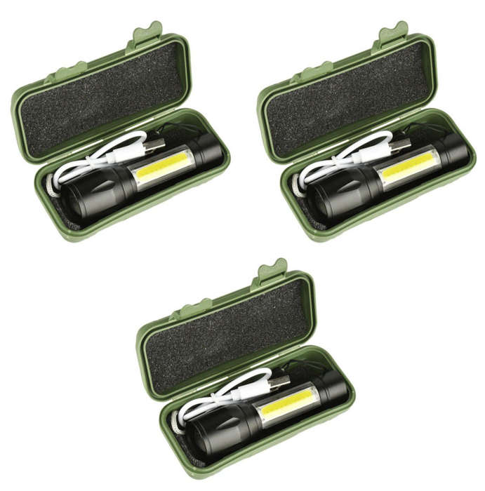 Mini Alloy USB Rechargeable Torch Flashlight with Zoom & Side Light - 3 Set