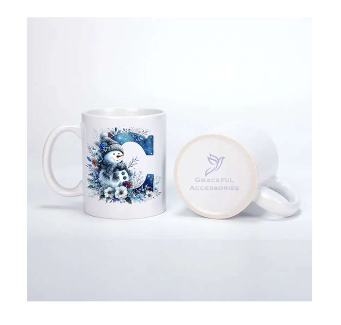 Christmas Monogram C Coffee Mug - Cute Snowman & Watercolor Floral Design