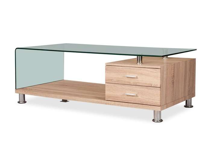 Coffee Tables with Drawers - Tempered Glass - Oak Wooden Colour