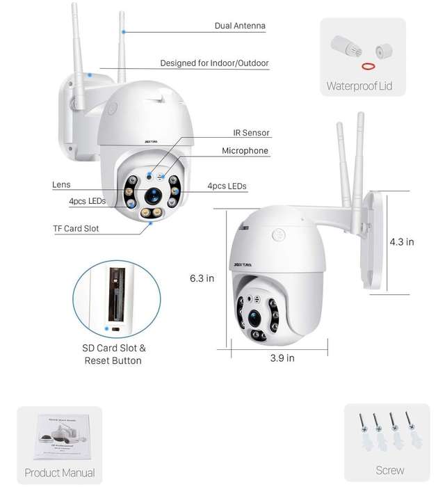 Jortan Outdoor Security Camera, Wi-Fi IP Camera, 360 Panoramic View