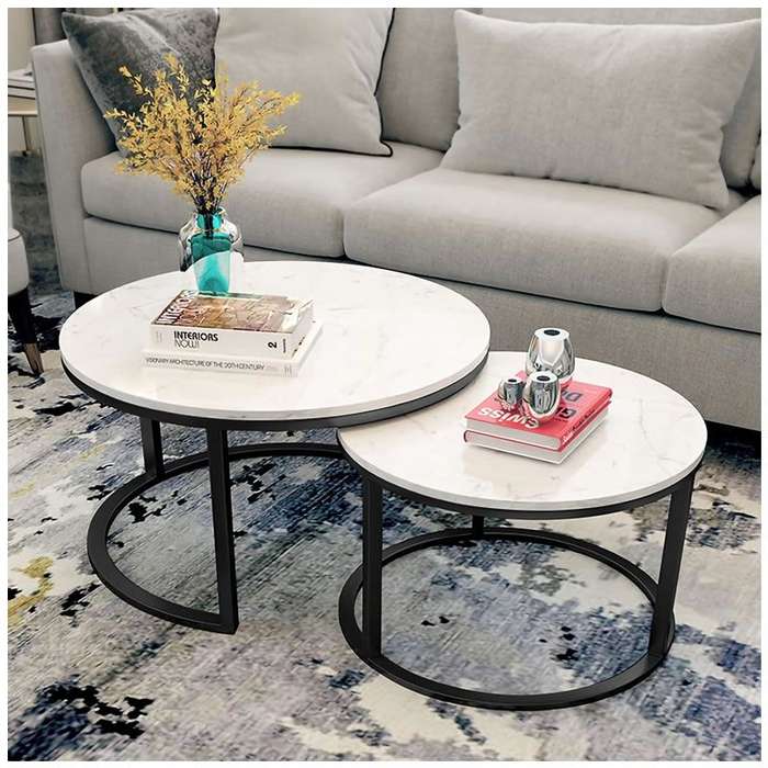 Set of 2 Rounded Faux Marble Top Nesting Coffee Tables