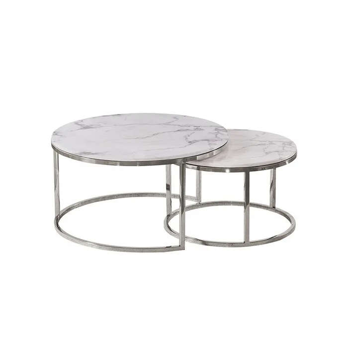 Marble Top Nesting Coffee Tables - 2 Pack - Silver, White