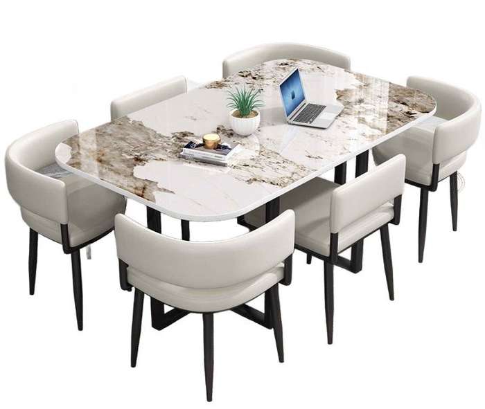 Marble-Finish Rectangular Dining Table Set with Padded Chairs
