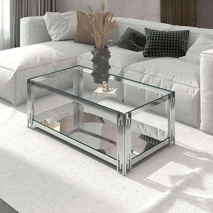Coffee Tables -RectangularClear Tempered Glass Top with Steel Frame-Silver