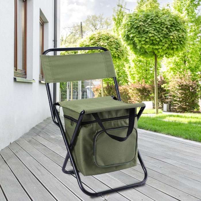 Foldable Fishing Chair & Cooler Bag Camping Sport Patio Picnic Outdoor Gift - Army Green