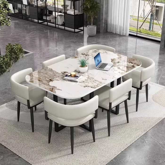 Marble-Finish Rectangular Dining Table Set with Padded Chairs