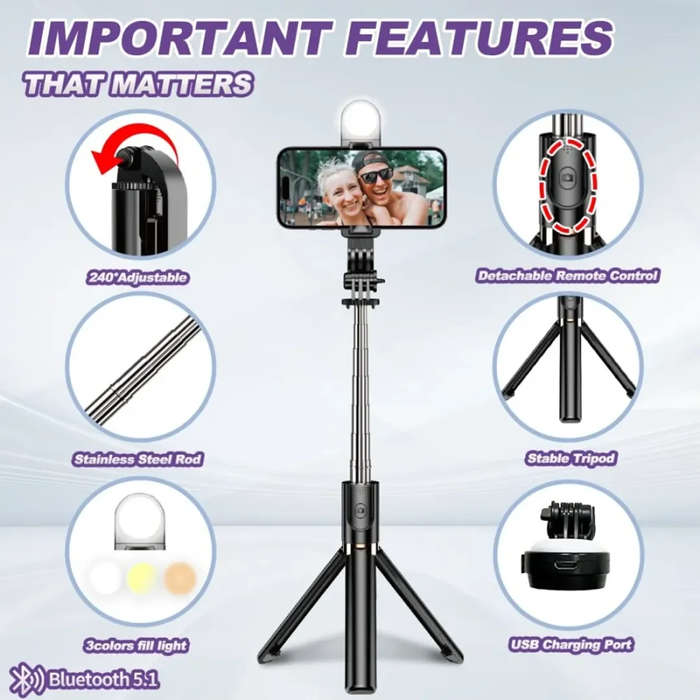 Phone Tripod Stand, Strechable Tripod Led Light With Bluetooth Remote -1.3m
