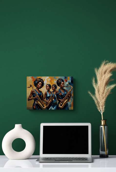 Jazz Queens: A Symphony in Blue  Printed Canvas Wall Art (Unframed) | African Female Saxophoni...