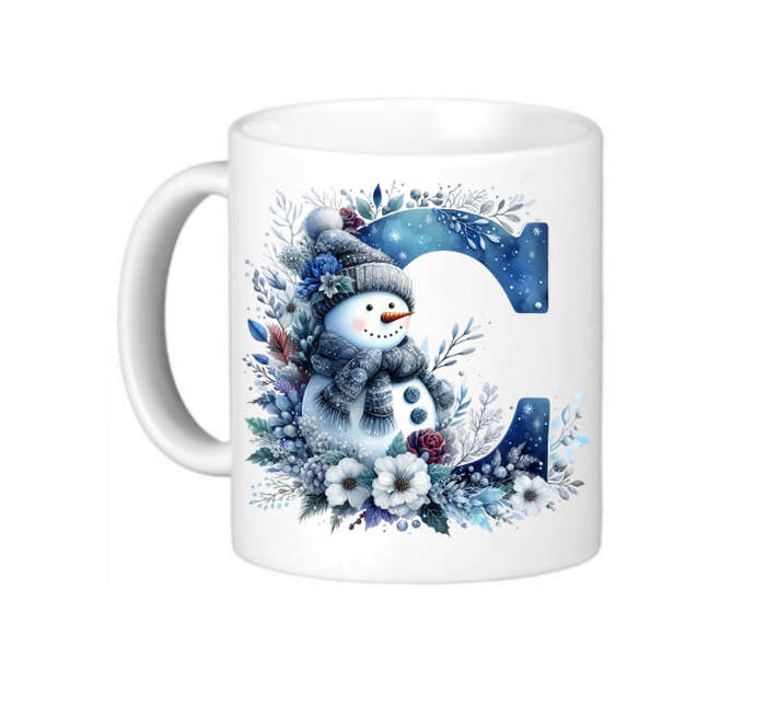 Christmas Monogram C Coffee Mug - Cute Snowman & Watercolor Floral Design
