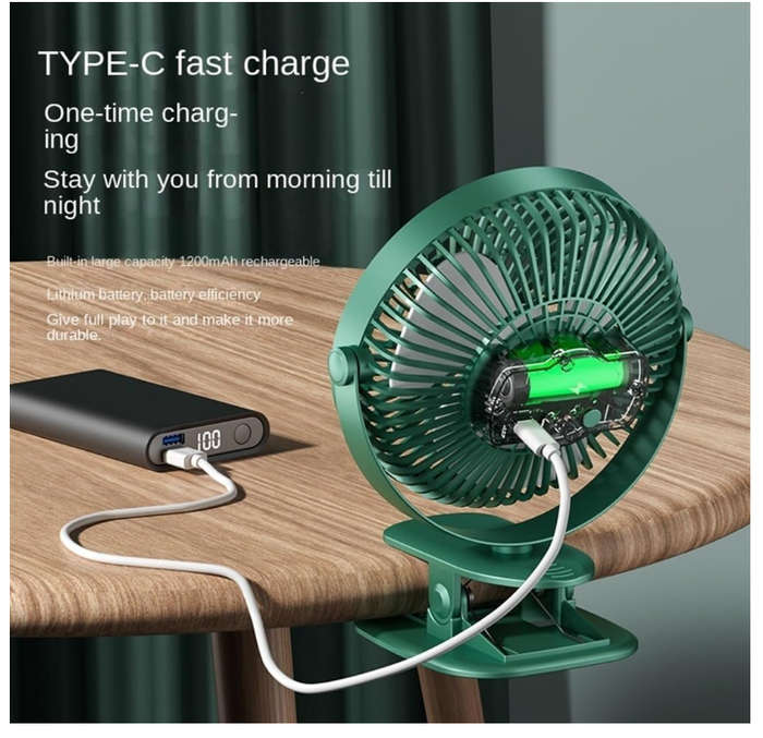 Electric Desktop Clip Fan 1200mAh 3 Gears Portable Quiet Office Camping