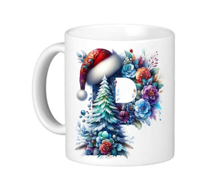 Christmas Monogram P Coffee Mug - Cute Watercolor Floral Design