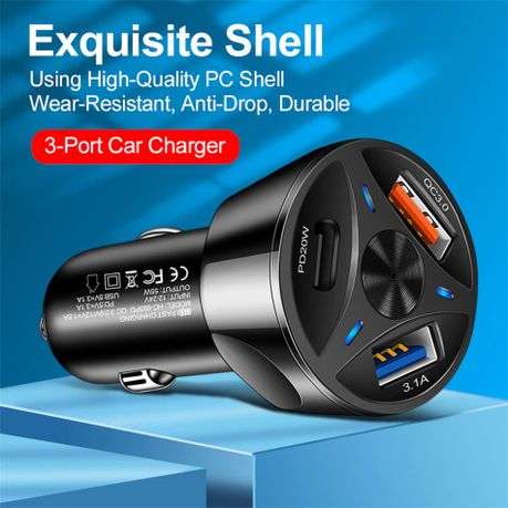 Fast 3 Ports USB C Car Charge PD 20W