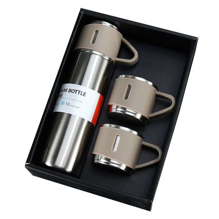 500ml Stainless Steel Double Wall Thermos Vacuum Flask and 3x 180ml Cups - Beige