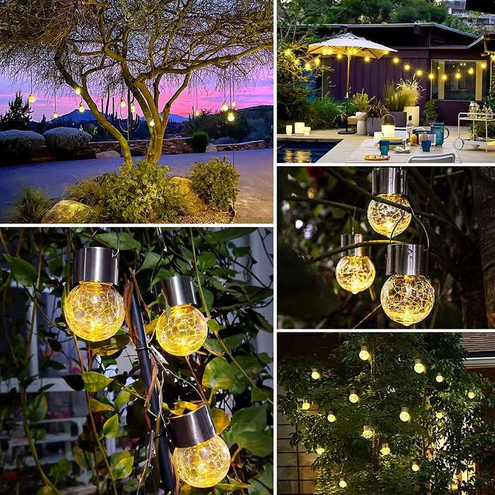 Set of 4 Outdoor Hanging Solar Lights,Cracked Glass Solar LED Lights
