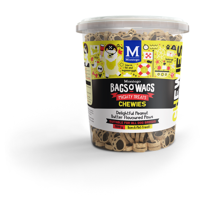 4x Montego Bags O Wags- Peanut Butter Paws Chewies - 500g (4 tubs, 2KG total)