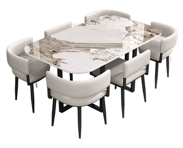 Marble-Finish Rectangular Dining Table Set with Padded Chairs
