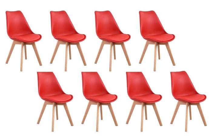 Modern and trendy padded chairs with wooden legs-8 Pack - Red