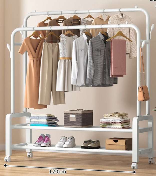 Wheeled Double Pole Clothes Drying & Shoe Rack