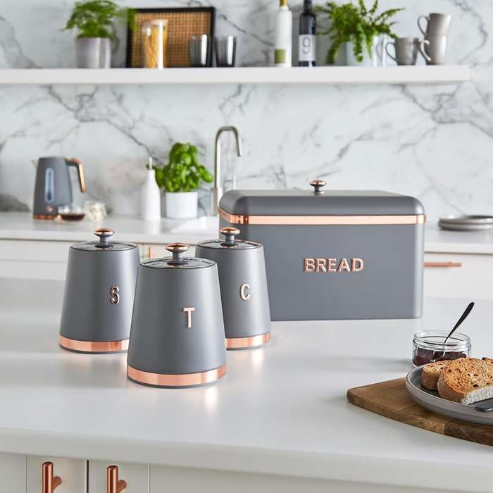 Bread Bin Storage Canisters (with Coffee/Sugar/Tea Canisters with FREE Bread Knife) - Grey