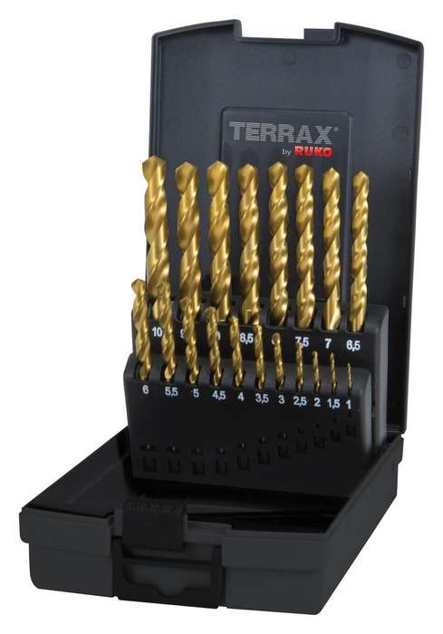 Ruko (A250214TRO0) Drill Bit Set, Terrax Twist, Tin, 1mm-10mm, 19 Pcs
