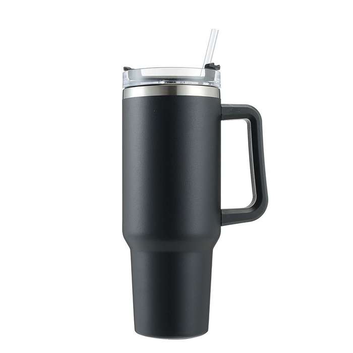 Double Wall Travel Mug Stainless Steel Vacuum Flask with Straw Hot/Cold - Black