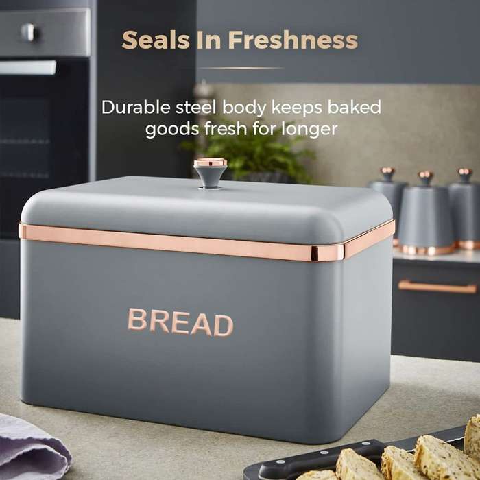 Bread Bin Storage Canisters (with Coffee/Sugar/Tea Canisters with FREE Bread Knife) - Grey