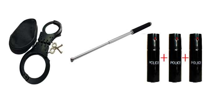 Rigid Metal Handcuffs + Steel Extendable Baton & 60ml Pepper Spray - 3 Pack
