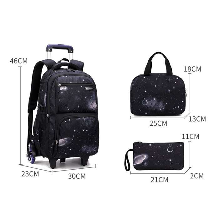 3 Piece Rolling Backpack Set Trolley Preschool Bags For Students - Black