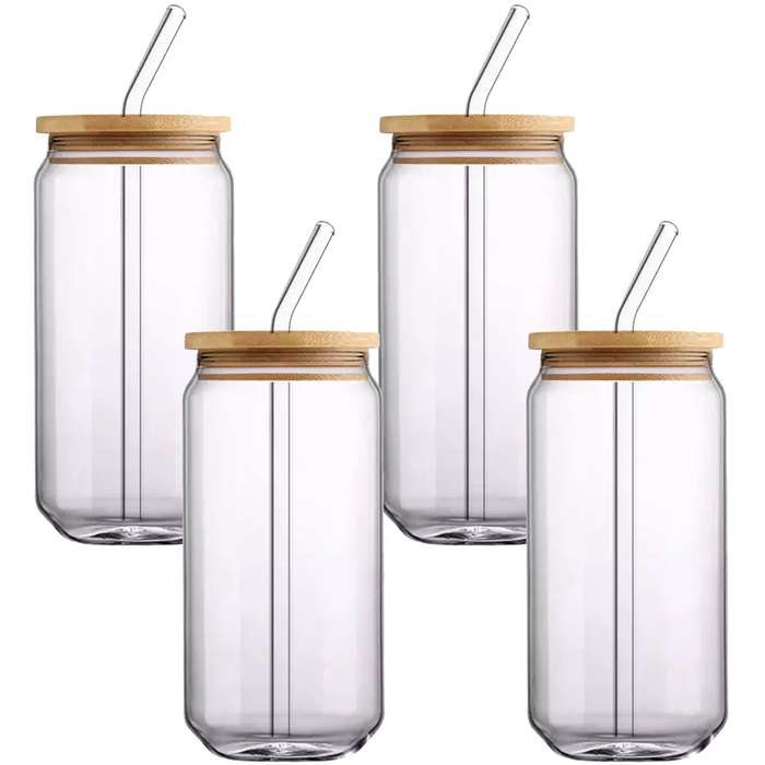500ml Cocktail Drinking Glasses with Bamboo Lid and Glass Straw - Set of 4