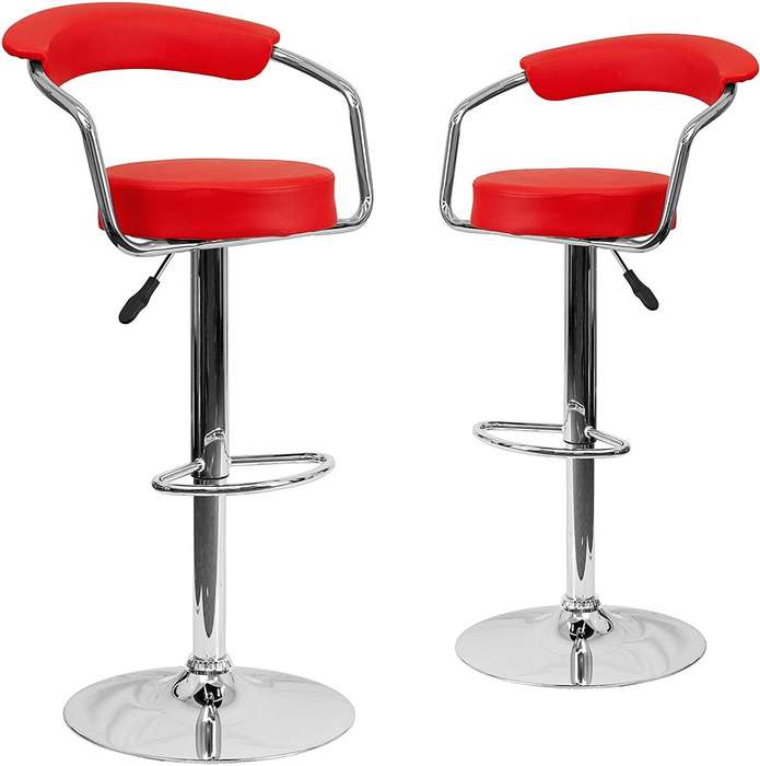 Bar Stools with Arms and Chrome Base - Set of 2 - Red Colour