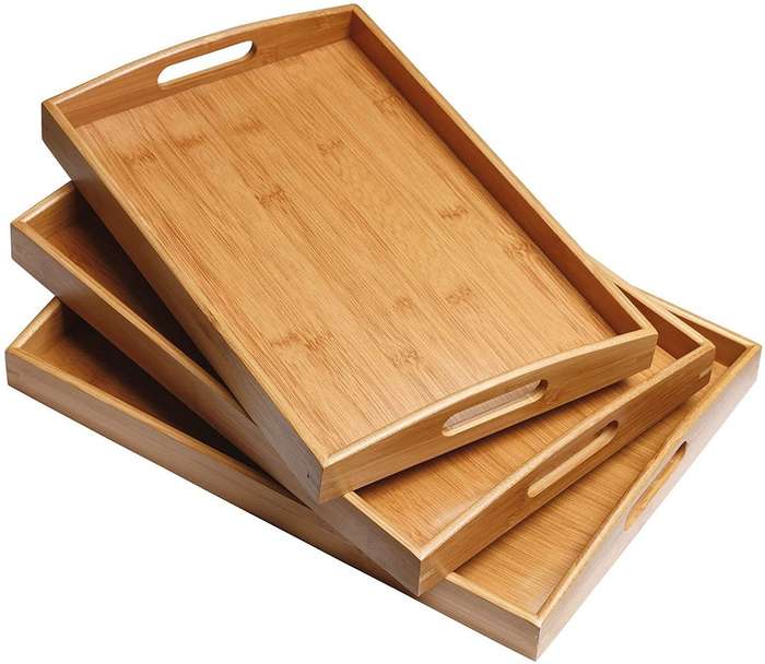 3 Piece Sturdy Rectangle Wooden Tray Set