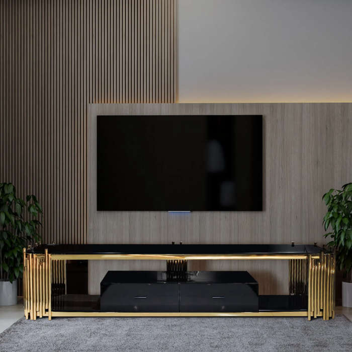 Smart TV/ Plasma Stands - Tempered Glass Top - Wooden Drawers - Gold