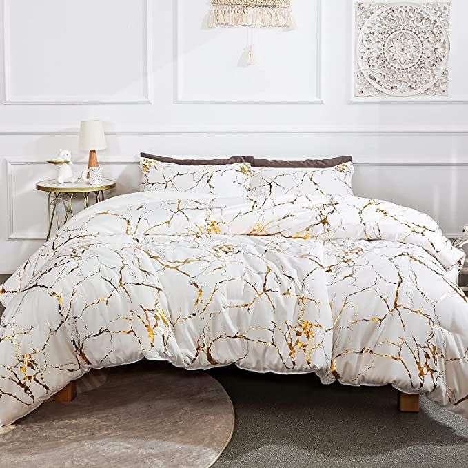 High Quality Metallic Marble Queen Size Comforter Gold Print Glitter - White
