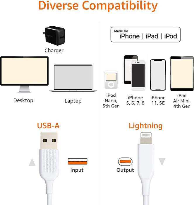 2M 3A USB A To Lightning - Fast Data Charging Cabl