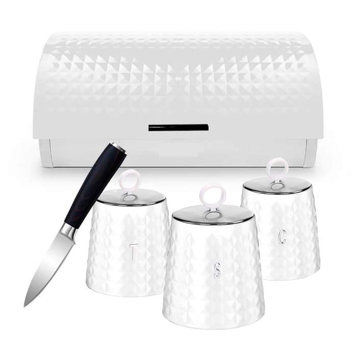 High Quality Bread Bin Canisters Kitchen Set With FREE Knife - White