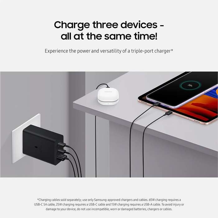 65W PD Super Fast Trio Charging Power Adapter with USB-C to USB-C 1M Cable