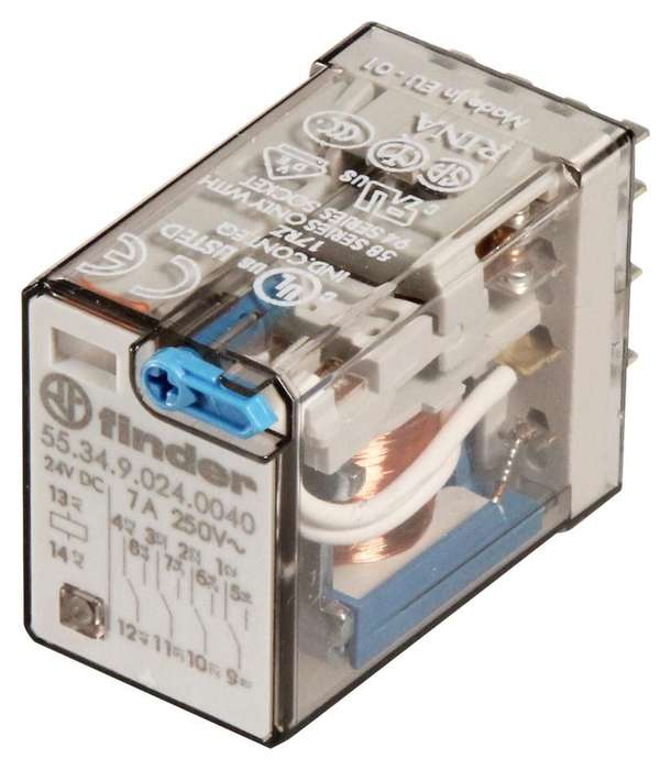 Finder (55.34.8.024.0040) General Purpose Relay, Power, 4PDT, 24 VAC, 7 A