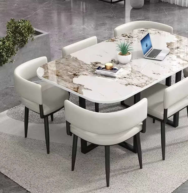 Marble-Finish Rectangular Dining Table Set with Padded Chairs