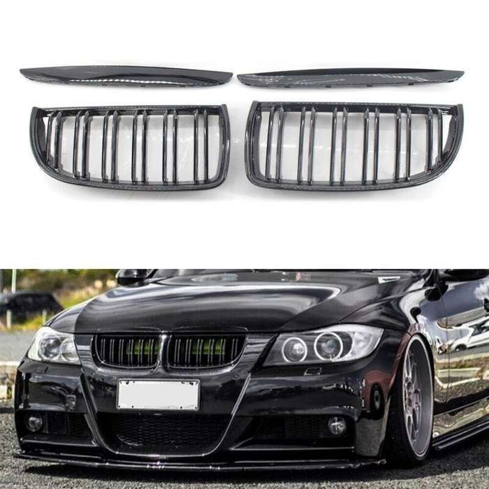 Front Center Wide Grille Gloss Black Double Line fit for BMW Kidney E90 91 05-08