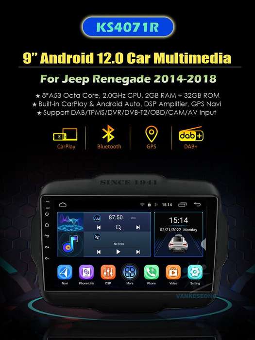 For Jeep Renegade 2014-2018 Apple Carplay Android12 BT Car Stereo Radio GPS WIFI