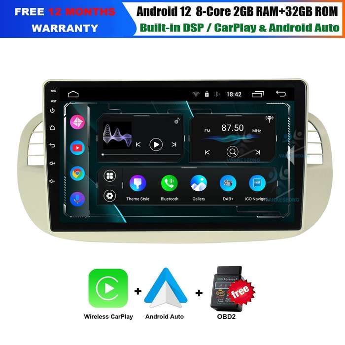 For Fiat 500 2008-2015 Apple Carplay Android12 Car Stereo Radio GPS BT Head Unit